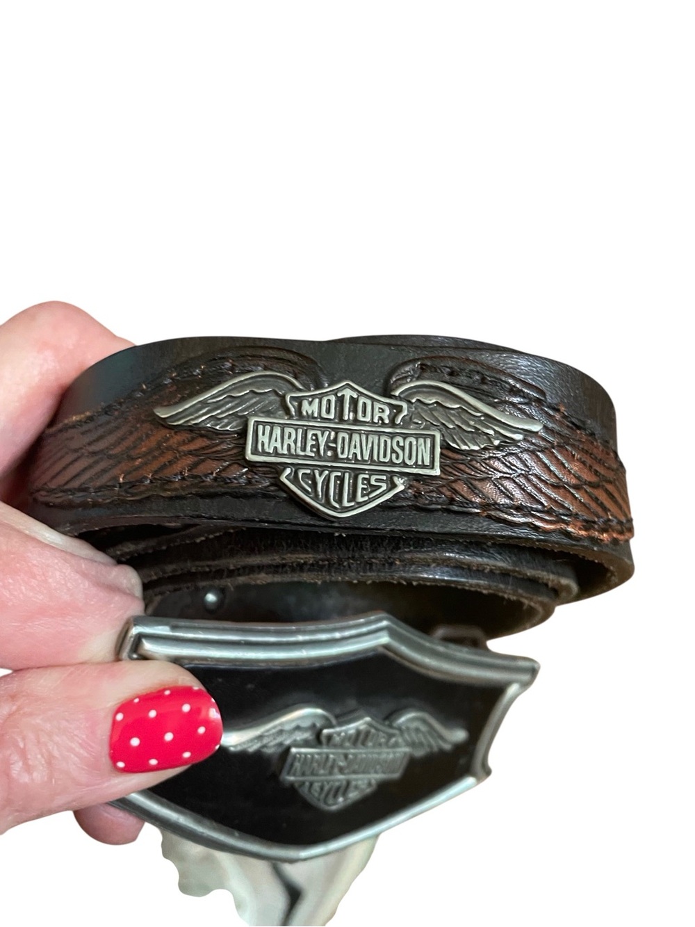Harley Davidson Motorcycle Belt Men's Cowhide Leather Buckle & 3 plaques Read